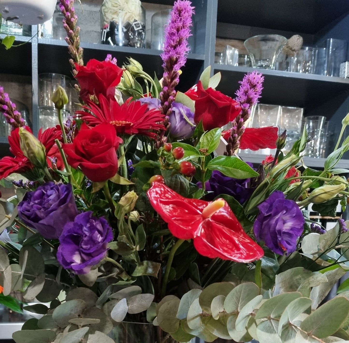 Seasonal Burst of Red, Purple, Lilac Bouquet