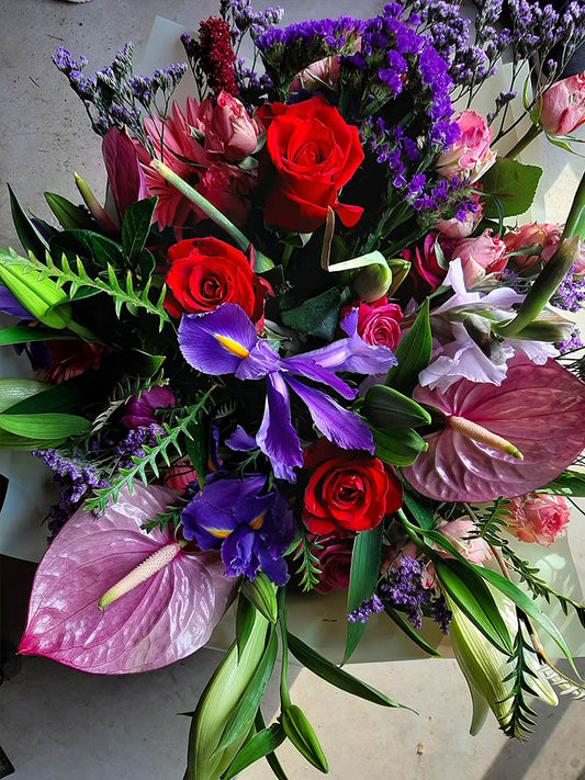 Seasonal Burst of Red, Purple, Lilac Bouquet